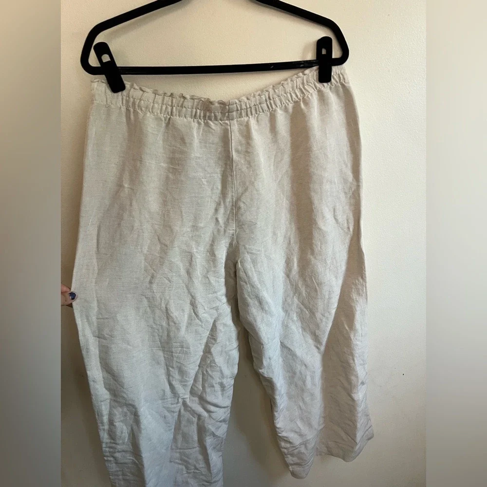H&M Linen Blend Pants Women Large Beige Excellent Wide Leg Cropped Elastic Waist